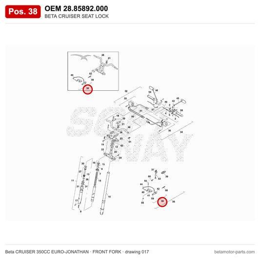 BETA CRUISER SEAT LOCK – OEM 28.85892.000, position 38 on the Beta CRUISER 350CC EURO-JONATHAN front fork drawing