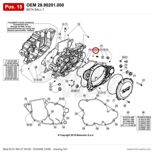 BETA BALL 7 – OEM 28.90201.000, position 15 on the Beta EVO 300 4T MY26 engine case drawing