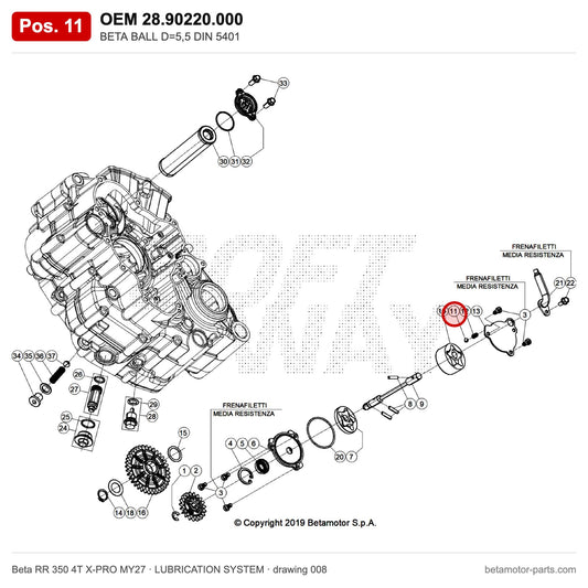 BETA BALL D=5,5 DIN 5401 – OEM 28.90220.000, position 11 on the Beta RR 350 4T X-PRO MY27 lubrication system drawing