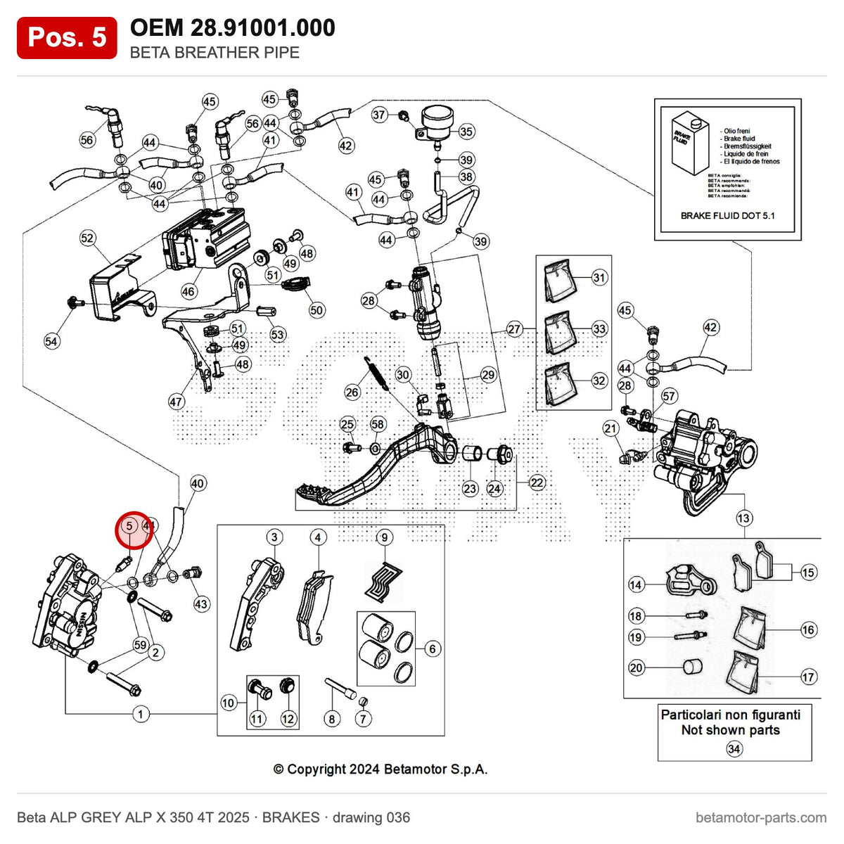 BETA BREATHER PIPE – OEM 28.91001.000, position 5 on the Beta ALP GREY ALP X 350 4T 2025 brakes drawing