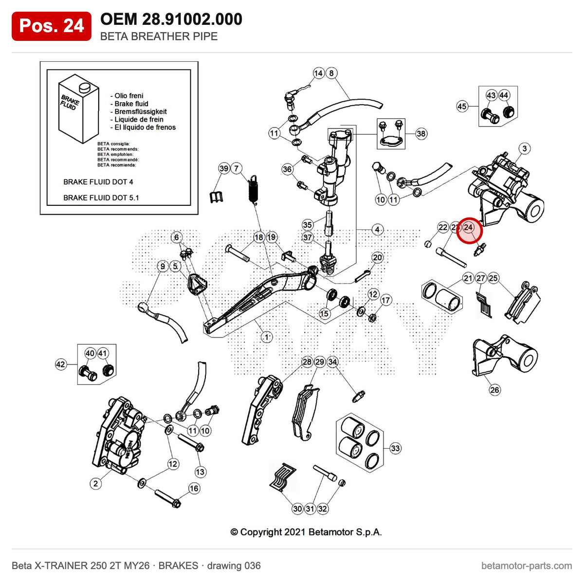 BETA BREATHER PIPE – OEM 28.91002.000, position 24 on the Beta X-TRAINER 250 2T MY26 brakes drawing