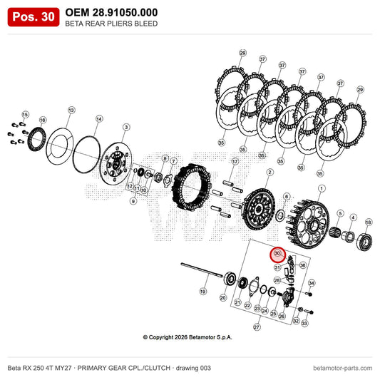 BETA REAR PLIERS BLEED – OEM 28.91050.000, position 30 on the Beta RX 250 4T MY27 primary gear cpl./clutch drawing