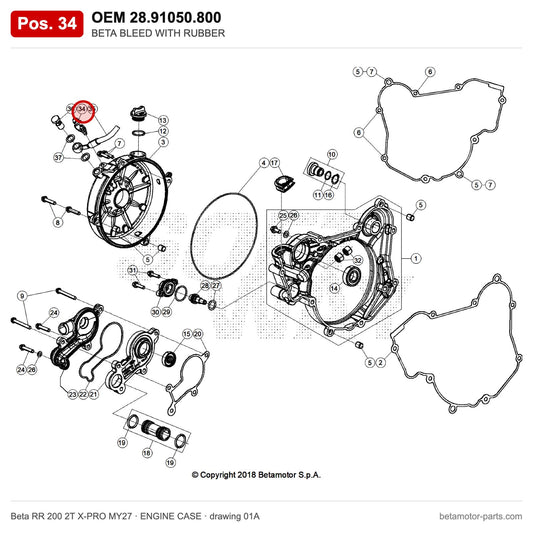 BETA BLEED WITH RUBBER – OEM 28.91050.800, position 34 on the Beta RR 200 2T X-PRO MY27 engine case drawing