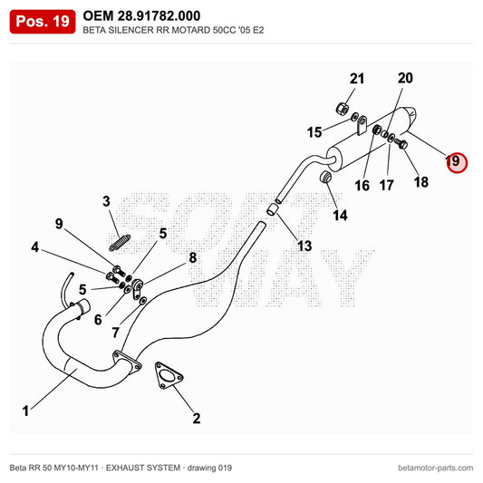 BETA SILENCER RR MOTARD 50CC '05 E2 – OEM 28.91782.000, position 19 on the Beta RR 50 MY10-MY11 exhaust system drawing