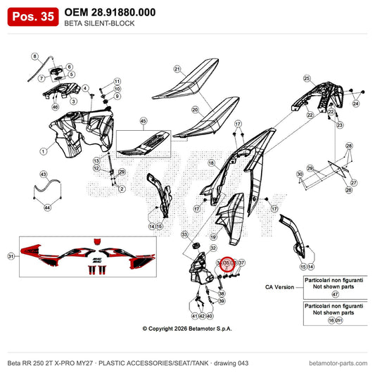 BETA SILENT-BLOCK – OEM 28.91880.000, position 35 on the Beta RR 250 2T X-PRO MY27 plastic accessories/seat/tank drawing