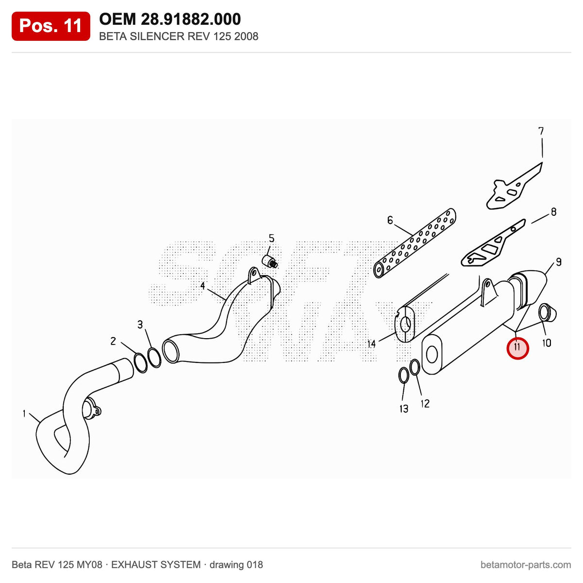 BETA SILENCER REV 125 2008 – OEM 28.91882.000, position 11 on the Beta REV 125 MY08 exhaust system drawing