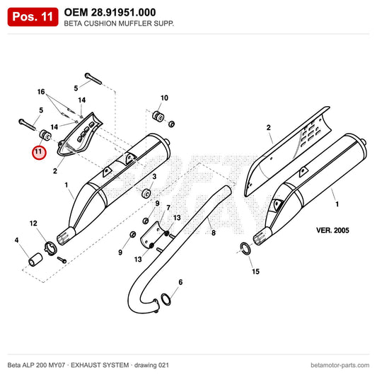 BETA CUSHION MUFFLER SUPP. – OEM 28.91951.000, position 11 on the Beta ALP 200 MY07 exhaust system drawing