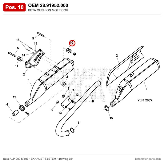 BETA CUSHION MOFF COV – OEM 28.91952.000, position 10 on the Beta ALP 200 MY07 exhaust system drawing