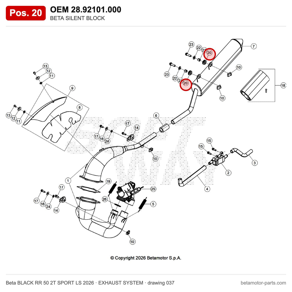 BETA SILENT BLOCK – OEM 28.92101.000, position 20 on the Beta BLACK RR 50 2T SPORT LS 2026 exhaust system drawing