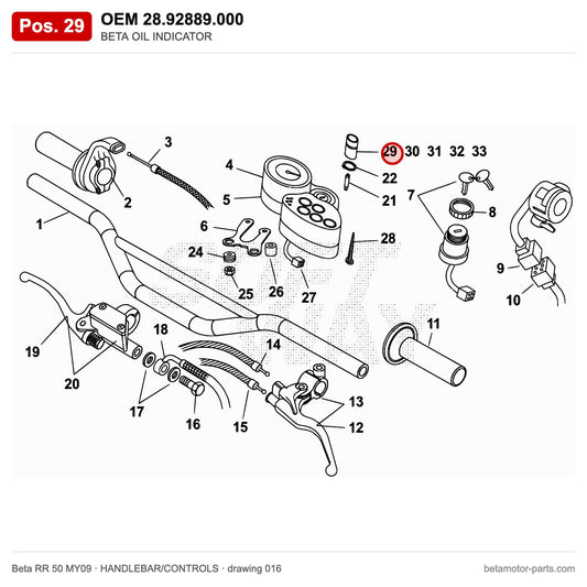 BETA OIL INDICATOR – OEM 28.92889.000, position 29 on the Beta RR 50 MY09 handlebar/controls drawing