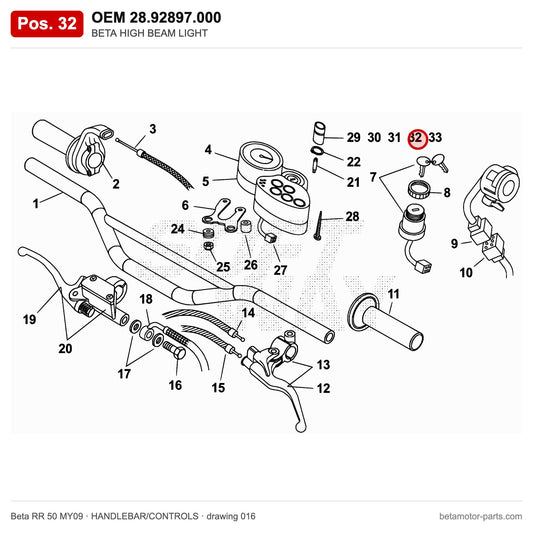 BETA HIGH BEAM LIGHT – OEM 28.92897.000, position 32 on the Beta RR 50 MY09 handlebar/controls drawing