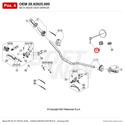 BETA REAR-VIEW MIRROR – OEM 28.92925.000, position 4 on the Beta RR 50 2T RACE 2026 handlebar/controls drawing