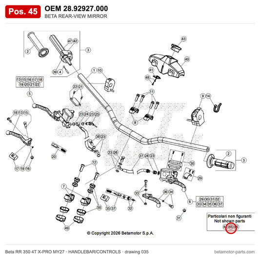 BETA REAR-VIEW MIRROR – OEM 28.92927.000, position 45 on the Beta RR 350 4T X-PRO MY27 handlebar/controls drawing