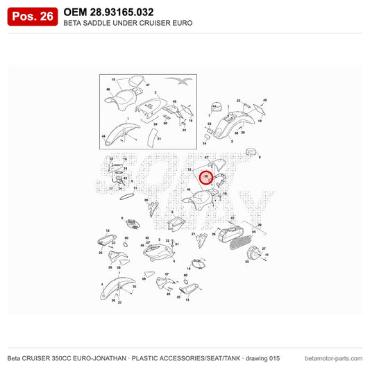 BETA SADDLE UNDER CRUISER EURO – OEM 28.93165.032, position 26 on the Beta CRUISER 350CC EURO-JONATHAN plastic accessories/seat/tank drawing