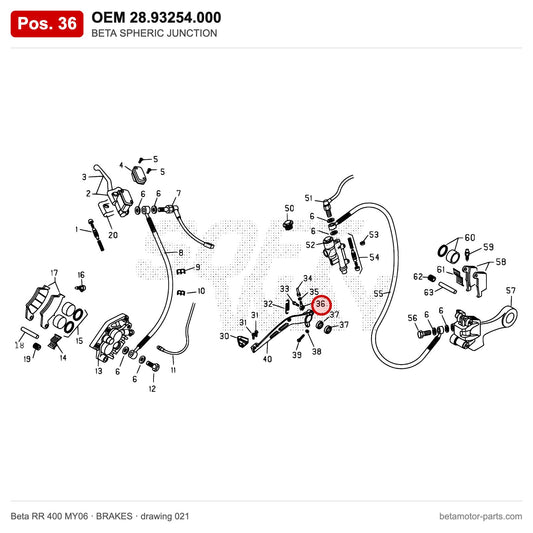 BETA SPHERIC JUNCTION – OEM 28.93254.000, position 36 on the Beta RR 400 MY06 brakes drawing