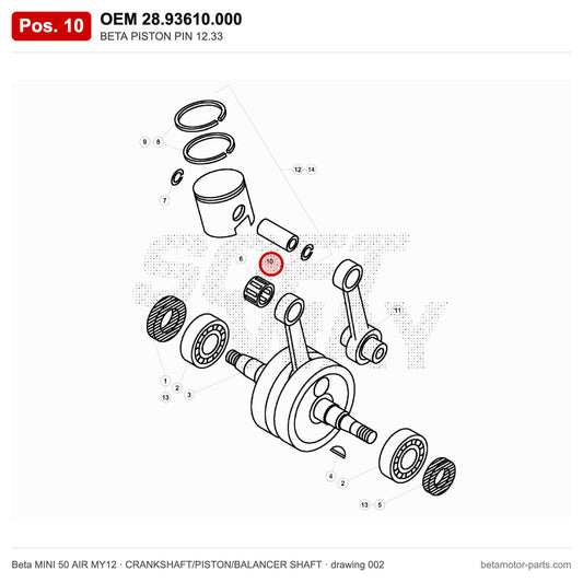 BETA PISTON PIN 12.33 – OEM 28.93610.000, position 10 on the Beta MINI 50 AIR MY12 crankshaft/piston/balancer shaft drawing