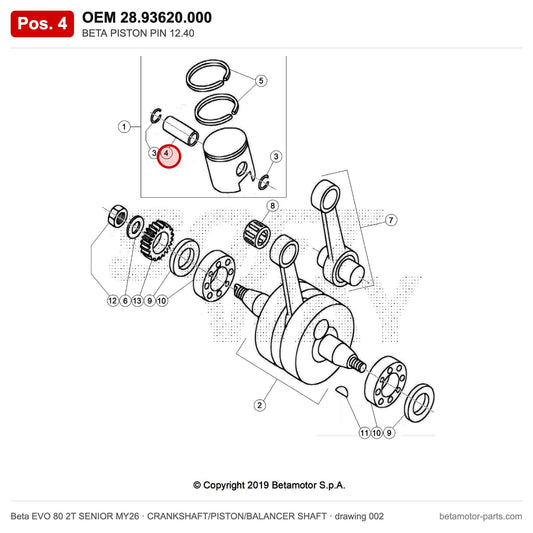 BETA PISTON PIN 12.40 – OEM 28.93620.000, position 4 on the Beta EVO 80 2T SENIOR MY26 crankshaft/piston/balancer shaft drawing