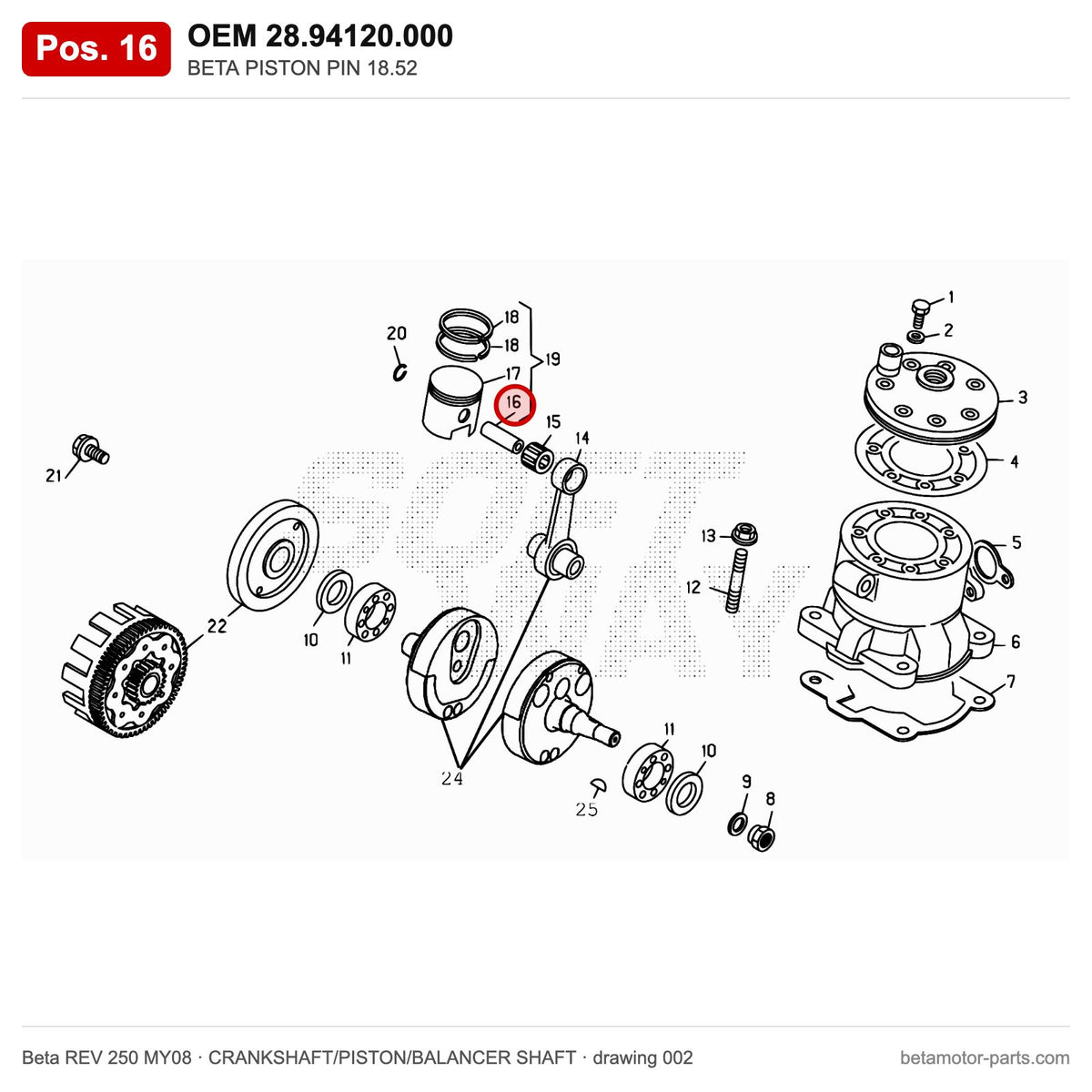 BETA PISTON PIN 18.52 – OEM 28.94120.000, position 16 on the Beta REV 250 MY08 crankshaft/piston/balancer shaft drawing
