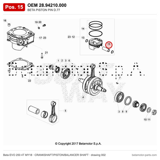 BETA PISTON PIN D.77 – OEM 28.94210.000, position 15 on the Beta EVO 250 4T MY18 crankshaft/piston/balancer shaft drawing