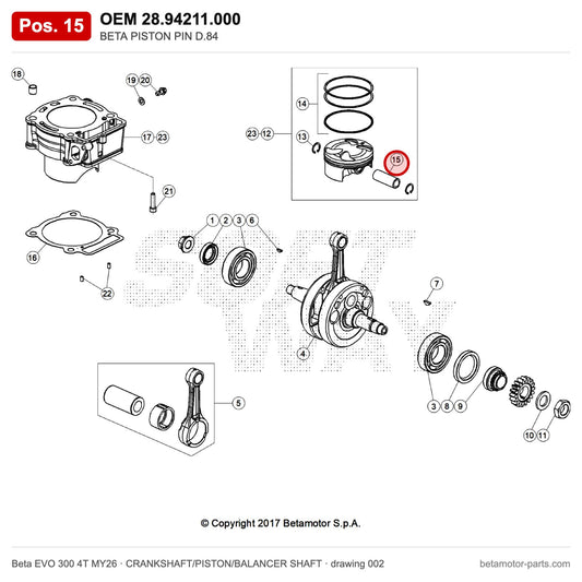 BETA PISTON PIN D.84 – OEM 28.94211.000, position 15 on the Beta EVO 300 4T MY26 crankshaft/piston/balancer shaft drawing