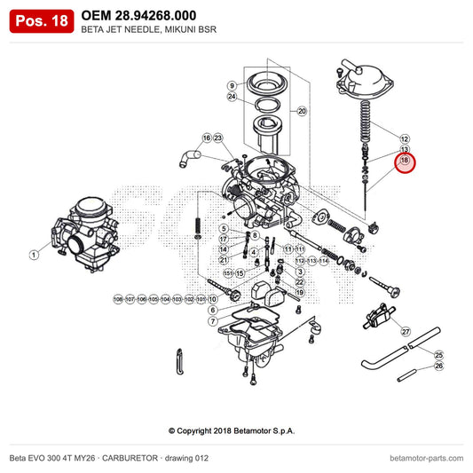 BETA JET NEEDLE, MIKUNI BSR – OEM 28.94268.000, position 18 on the Beta EVO 300 4T MY26 carburetor drawing