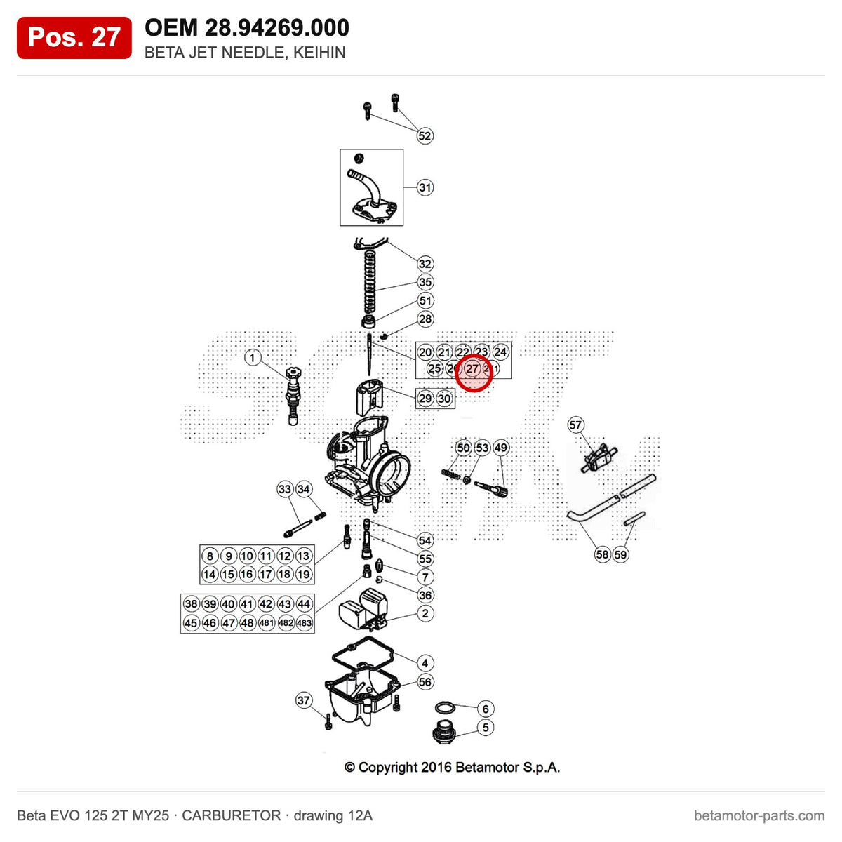 BETA JET NEEDLE, KEIHIN – OEM 28.94269.000, position 27 on the Beta EVO 125 2T MY25 carburetor drawing