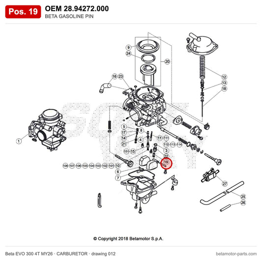 BETA GASOLINE PIN – OEM 28.94272.000, position 19 on the Beta EVO 300 4T MY26 carburetor drawing