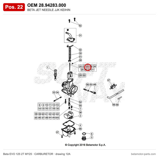 BETA JET NEEDLE JJK KEIHIN – OEM 28.94283.000, position 22 on the Beta EVO 125 2T MY25 carburetor drawing