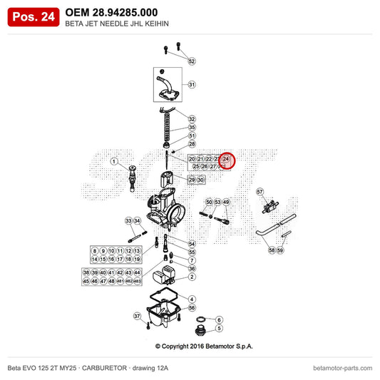 BETA JET NEEDLE JHL KEIHIN – OEM 28.94285.000, position 24 on the Beta EVO 125 2T MY25 carburetor drawing