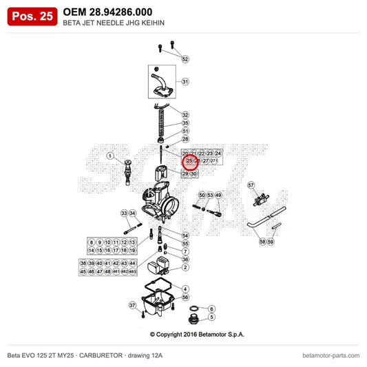 BETA JET NEEDLE JHG KEIHIN – OEM 28.94286.000, position 25 on the Beta EVO 125 2T MY25 carburetor drawing