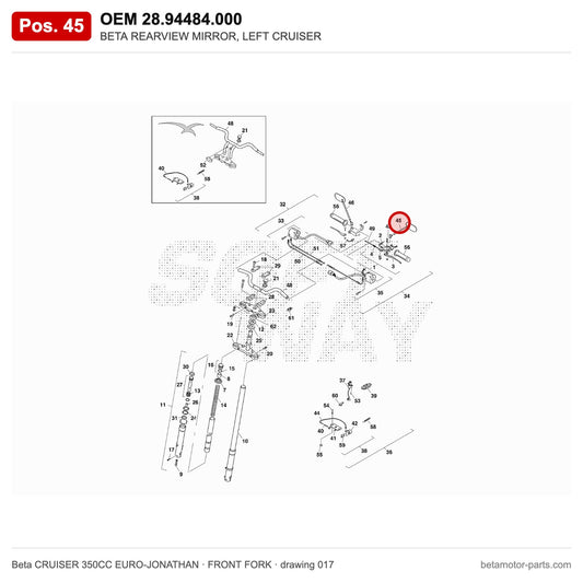 BETA REARVIEW MIRROR, LEFT CRUISER – OEM 28.94484.000, position 45 on the Beta CRUISER 350CC EURO-JONATHAN front fork drawing