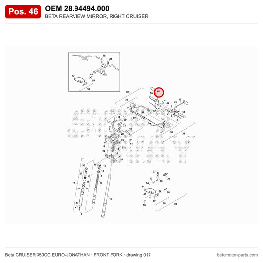 BETA REARVIEW MIRROR, RIGHT CRUISER – OEM 28.94494.000, position 46 on the Beta CRUISER 350CC EURO-JONATHAN front fork drawing