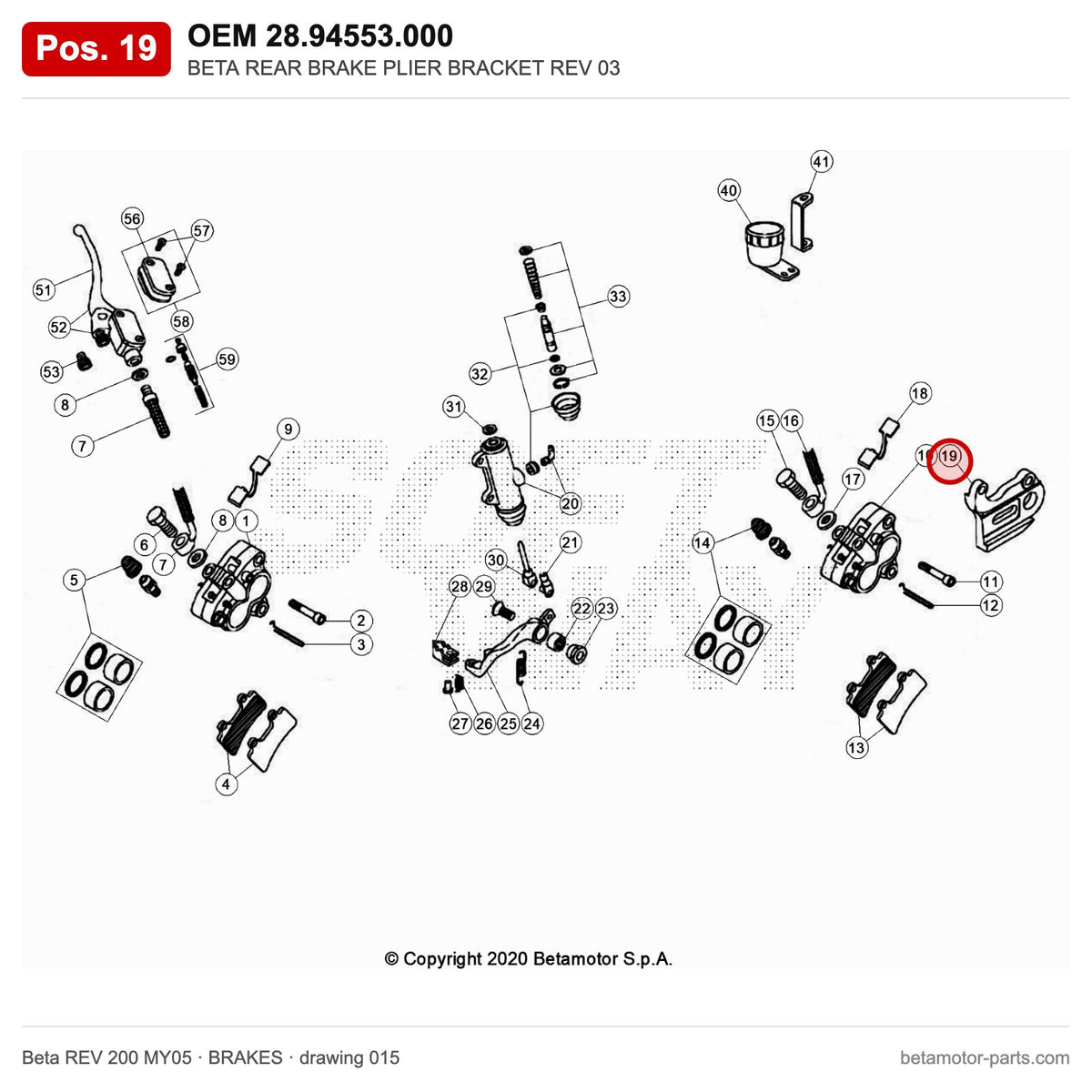 BETA REAR BRAKE PLIER BRACKET REV 03 – OEM 28.94553.000, position 19 on the Beta REV 200 MY05 brakes drawing