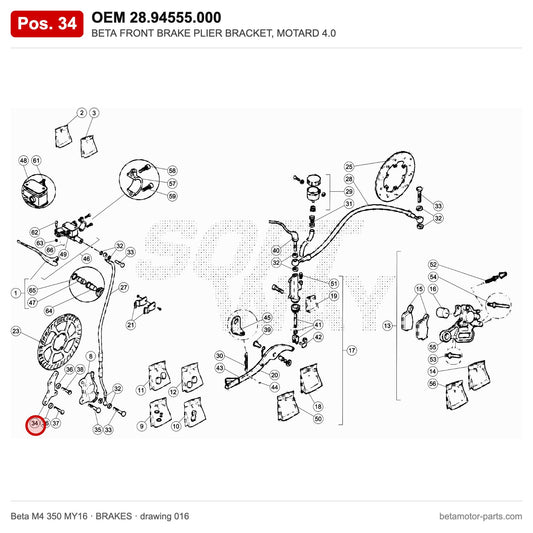 BETA FRONT BRAKE PLIER BRACKET, MOTARD 4.0 – OEM 28.94555.000, position 34 on the Beta M4 350 MY16 brakes drawing