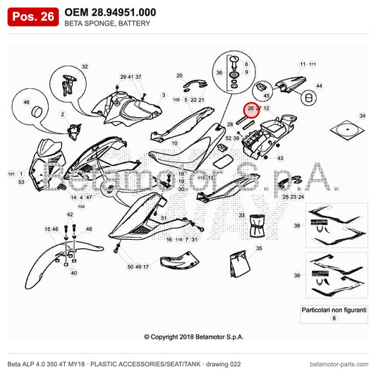 BETA SPONGE, BATTERY – OEM 28.94951.000, position 26 on the Beta ALP 4.0 350 4T MY18 plastic accessories/seat/tank drawing