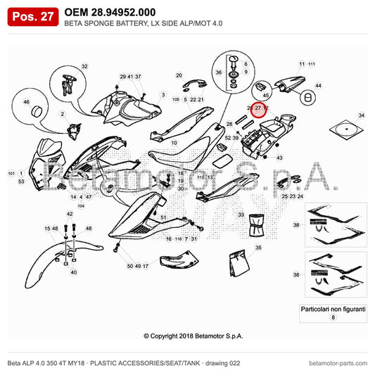 BETA SPONGE BATTERY, LX SIDE ALP/MOT 4.0 – OEM 28.94952.000, position 27 on the Beta ALP 4.0 350 4T MY18 plastic accessories/seat/tank drawing