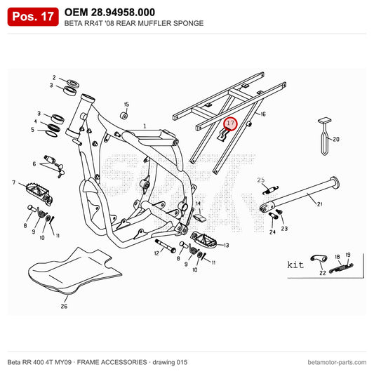 BETA RR4T '08 REAR MUFFLER SPONGE – OEM 28.94958.000, position 17 on the Beta RR 400 4T MY09 frame accessories drawing