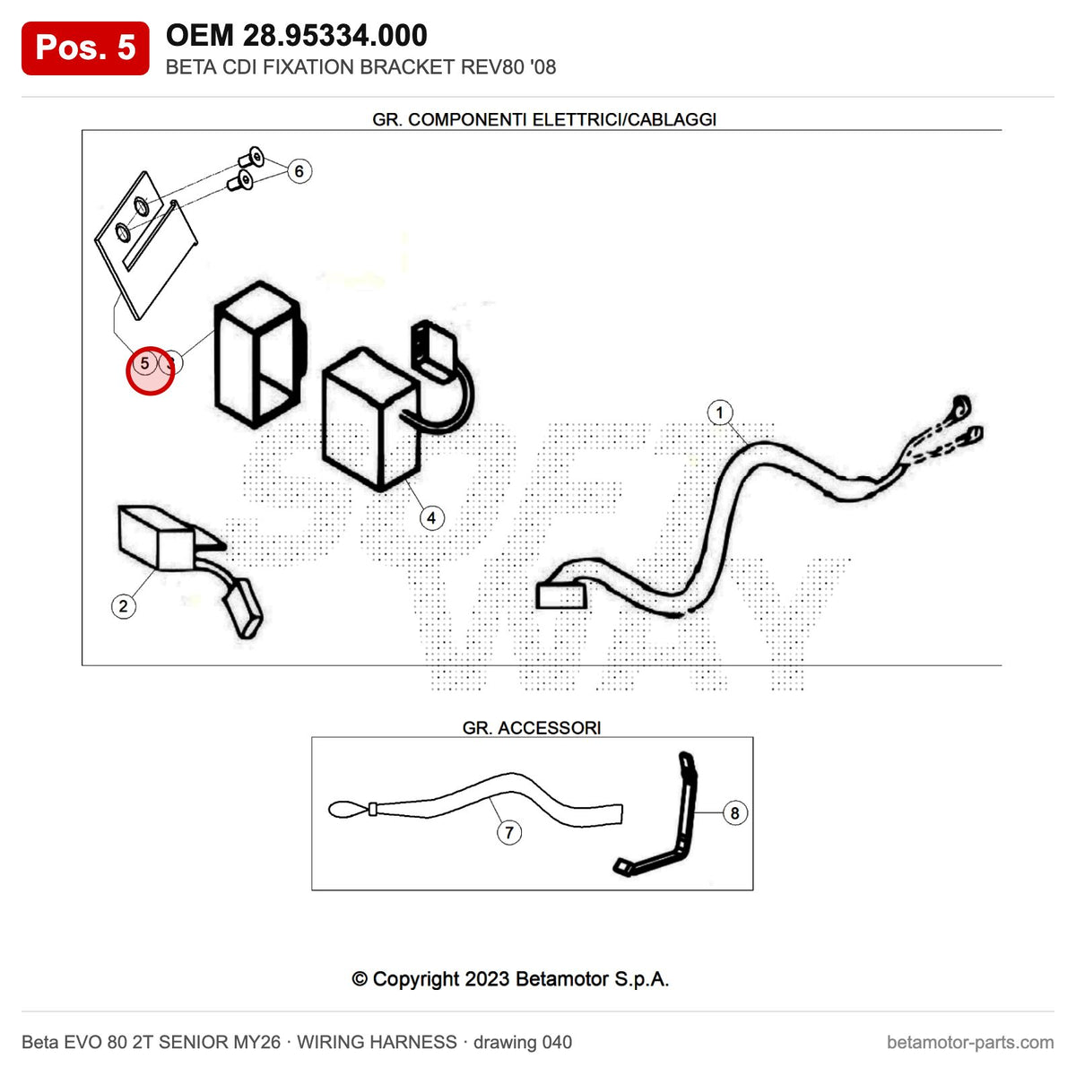 BETA CDI FIXATION BRACKET REV80 '08 – OEM 28.95334.000, position 5 on the Beta EVO 80 2T SENIOR MY26 wiring harness drawing