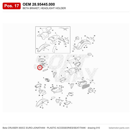 BETA BRAKET, HEADLIGHT HOLDER – OEM 28.95445.000, position 17 on the Beta CRUISER 350CC EURO-JONATHAN plastic accessories/seat/tank drawing