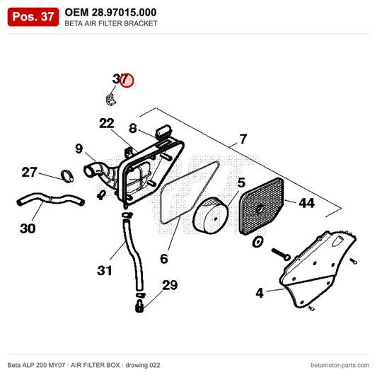 BETA AIR FILTER BRACKET – OEM 28.97015.000, position 37 on the Beta ALP 200 MY07 air filter box drawing