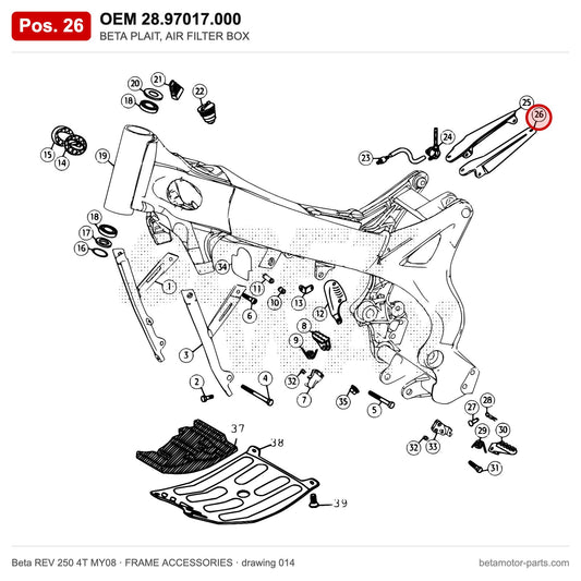 BETA PLAIT, AIR FILTER BOX – OEM 28.97017.000, position 26 on the Beta REV 250 4T MY08 frame accessories drawing