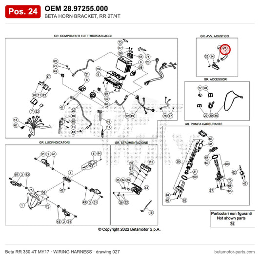 BETA HORN BRACKET, RR 2T/4T – OEM 28.97255.000, position 24 on the Beta RR 350 4T MY17 wiring harness drawing