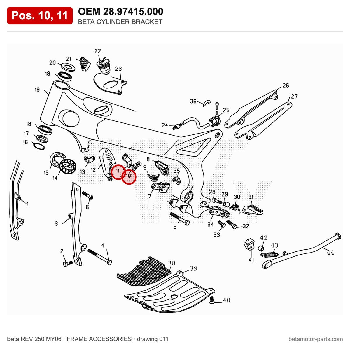 BETA CYLINDER BRACKET – OEM 28.97415.000, positions 10,11 on the Beta REV 250 MY06 frame accessories drawing