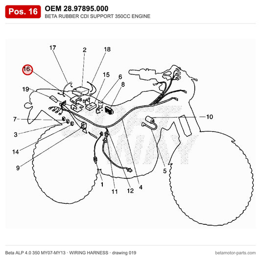 BETA RUBBER CDI SUPPORT 350CC ENGINE – OEM 28.97895.000, shown on the Beta ALP 4.0 350 MY07-MY13 wiring harness drawing