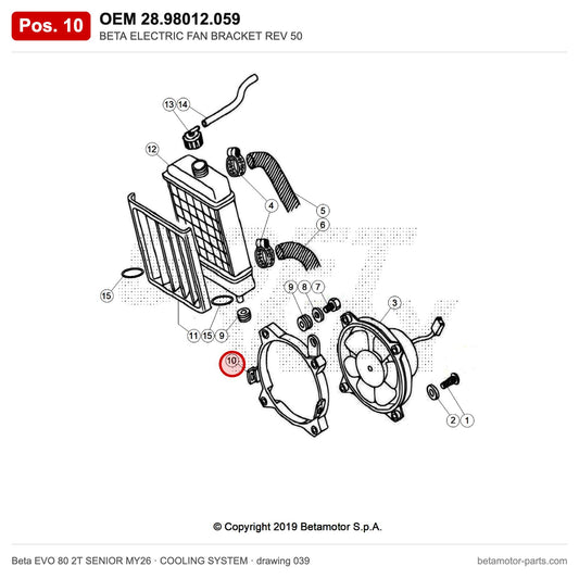BETA ELECTRIC FAN BRACKET REV 50 – OEM 28.98012.059, position 10 on the Beta EVO 80 2T SENIOR MY26 cooling system drawing