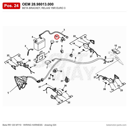 BETA BRACKET, RELAIS YBR EURO 3 – OEM 28.98013.000, position 24 on the Beta RR 125 MY10 wiring harness drawing