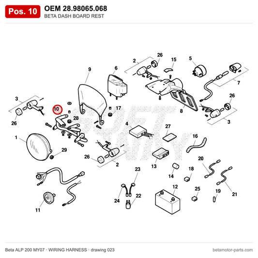 BETA DASH BOARD REST – OEM 28.98065.068, position 10 on the Beta ALP 200 MY07 wiring harness drawing