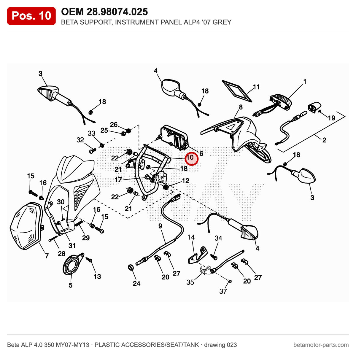 BETA SUPPORT, INSTRUMENT PANEL ALP4 '07 GREY – OEM 28.98074.025, position 10 on the Beta ALP 4.0 350 MY07-MY13 plastic accessories/seat/tank drawing