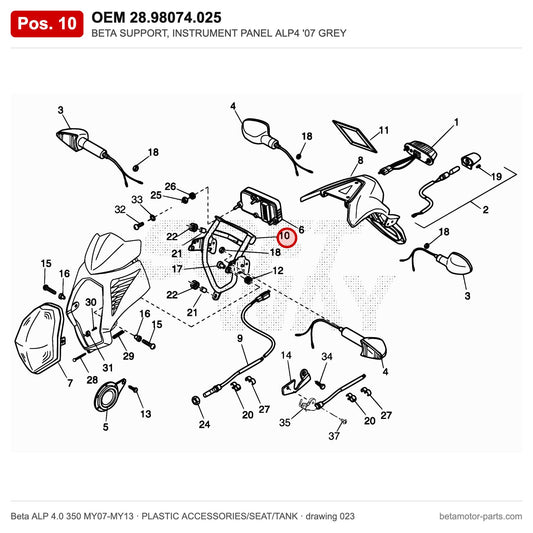 BETA SUPPORT, INSTRUMENT PANEL ALP4 '07 GREY – OEM 28.98074.025, position 10 on the Beta ALP 4.0 350 MY07-MY13 plastic accessories/seat/tank drawing