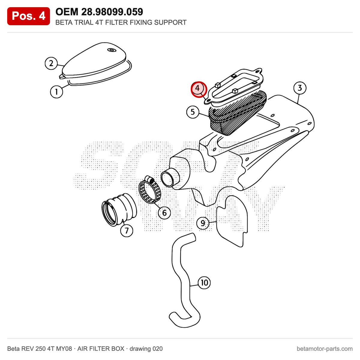 BETA TRIAL 4T FILTER FIXING SUPPORT – OEM 28.98099.059, position 4 on the Beta REV 250 4T MY08 air filter box drawing